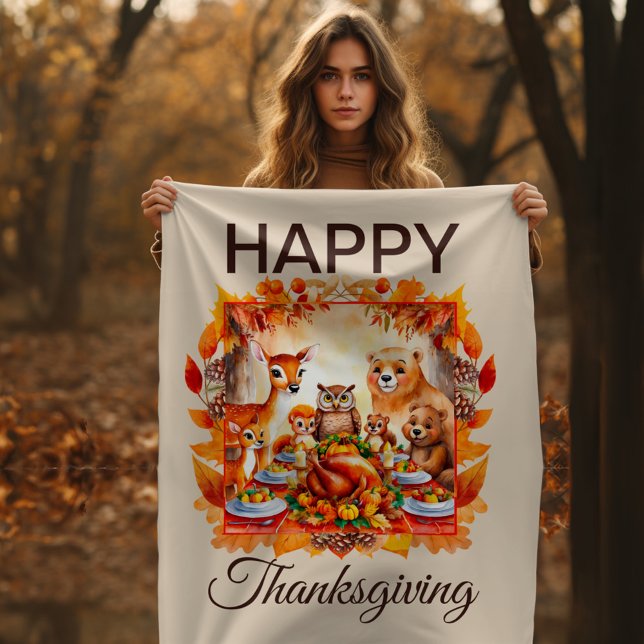 Thanksgiving Woodland Animals Autumn Leaves Fleece Blanket (Creator Uploaded)