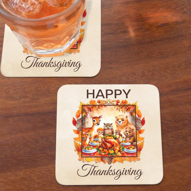 Thanksgiving Woodland Animals Autumn Leaves Square Paper Coaster (Creator Uploaded)