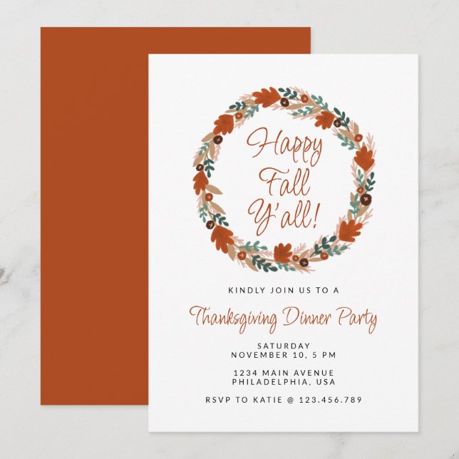 Thanksgiving Wreath Happy Fall Y’all Dinner Invitation (Front/Back)