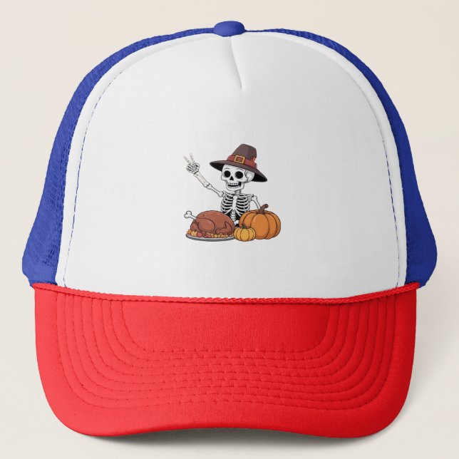 Thanksgiving X-ray Skeleton Funny Rock Hand Fall L Trucker Hat (Front)