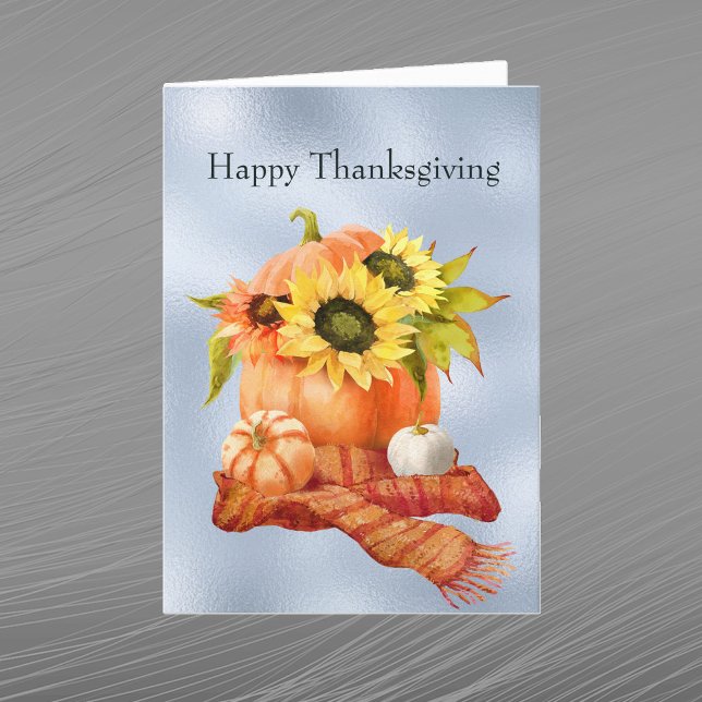 Thanksgiving Yellow Sunflowers Pumpkin Red Scarf Holiday Card (Creator Uploaded)