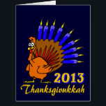Thanksgivukkah 2013 Menurkey Greeting Cards<br><div class="desc">Send Thanksgivukkah 2013 wishes with this classic menurkey card this Hanukkah! Featuring a funny cartoon turkey with a menorah for a tail. A Hanukkah-Thanksgiving will not occur for another 77, 000 years! Grab a few great keepsake cards for this once-in-a-lifetime-celebration. Choose this cool graphic on three card sizes, change the...</div>