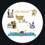 THANKSGIVUKKAH GIVE THANKS GIFTS  FOR HANUKKAH CLASSIC ROUND STICKER<br><div class="desc">THESE UNIQUE AMERICAN JEWISH THANKSGIVUKKAH "GIVE THANKS" PRESENTS WILL DELIGHT FAMILY AND FRIENDS.  YOU CAN BUY MATCHING  SHIRTS FOR  EVERYONE, EVEN THE DOG. WEAR A MATCHING HAT TOO. WHAT A GREAT HOSTESS GIFTS!</div>