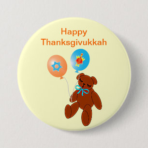 Thanksgivukkah Teddy Bear with Balloons Button