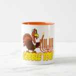 Thanksgivukkah Turkey Gobble Tov Mug<br><div class="desc">Celebrate Thanksgivukkah 2013 with this classic Gobble Tov coffee mug! Featuring a design of a funny cartoon turkey wearing a yamaka, a Star of David necklace, and lighting the menorah candle on Thanksgiving. A Hanukkah Thanksgiving will not occur for another 77, 000 years! So grab this great keepsake mug for...</div>