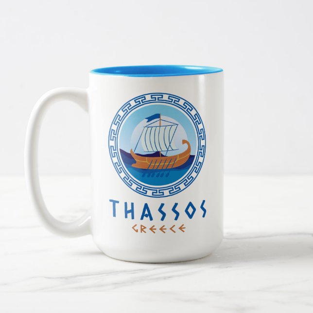Thassos, Greece Greek Ship Design Two-Tone Coffee Mug (Left)