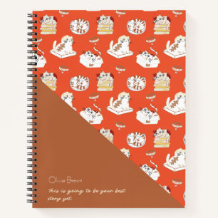 That Cat Life Cat Pattern Red Brown with Name Notebook