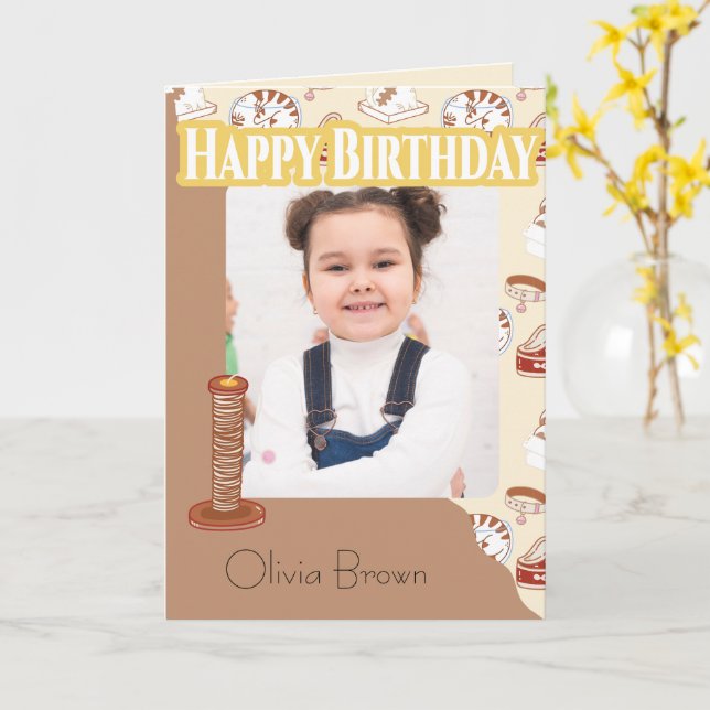 That Cat Life Cute Brown Cat Pattern Photo Card (Yellow Flower)