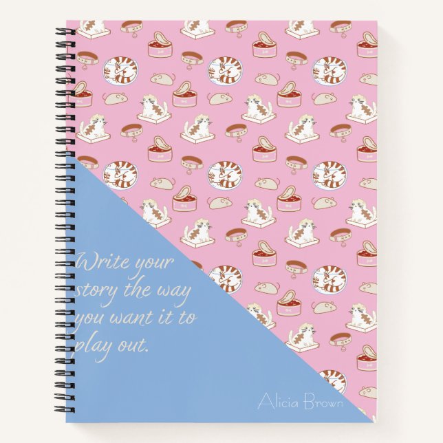 That Cat Life Cute Cat Pattern Blue Pink with Name Notebook (Front)