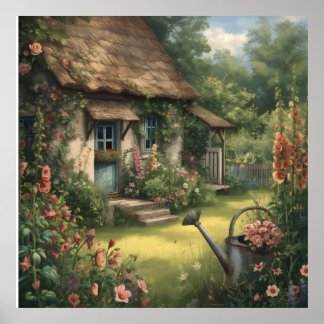 Thatched Cottage Garden with Hollyhocks Poster
