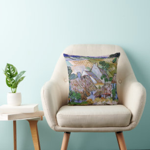 Thatched Roof Cottages by Hill by Vincent van Gogh Cushion