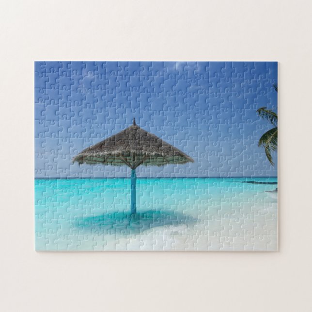 Thatched Umbrella on Turquoise Tropical Beach Jigsaw Puzzle (Horizontal)