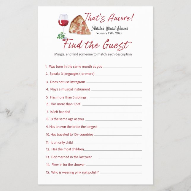 That's Amore Bingo Bridal Shower Game Flyer (Front)