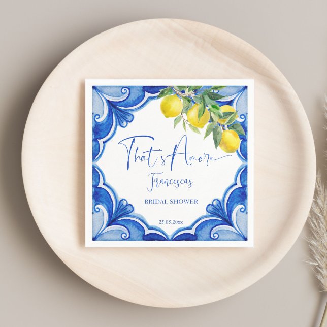 That's amore Blue tile lemon Italian bridal shower Napkin (That's amore Blue tiles lemons vintage Italian bridal shower personalized Napkins table decor)