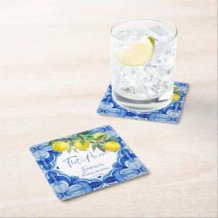 Thats amore Blue tiles Italian bridal shower favou Square Paper Coaster