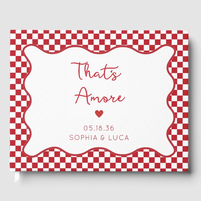 "That's Amore" Chic Red Chequered Italian Wedding Guest Book (Front)