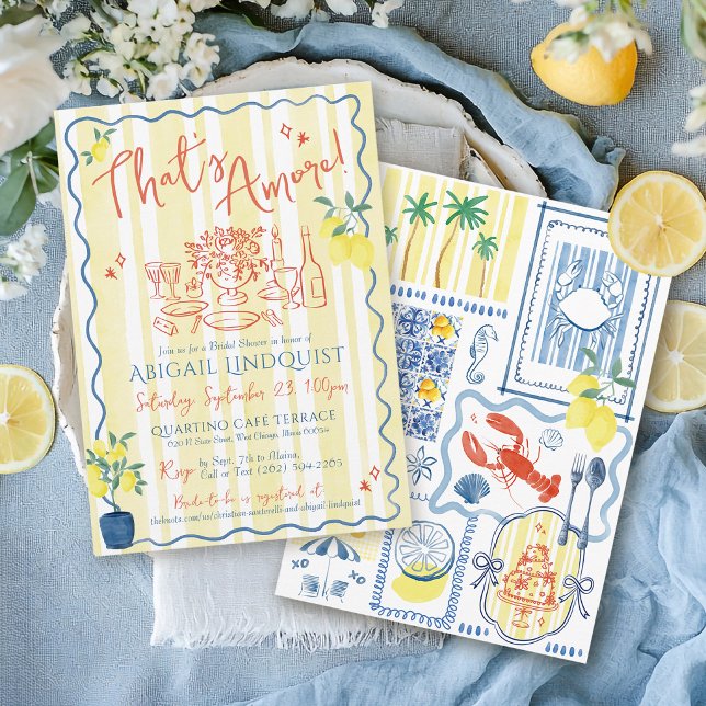 That's Amore Hand Drawn Coastal Bridal Shower Invitation (That's Amore yellow and blue coastal Italian Mediterranean tiles and lemons bridal shower invitation)