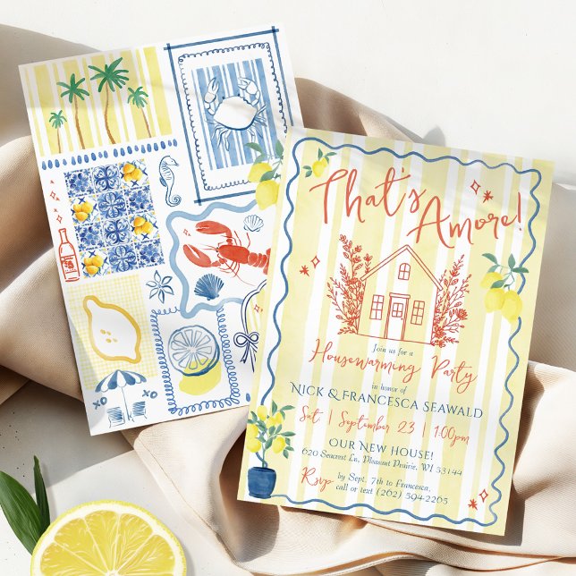 That's Amore Hand Drawn Coastal Housewarming Invitation (That's Amore whimsical hand drawn coastal watercolor lemons stripes housewarming party invitation)