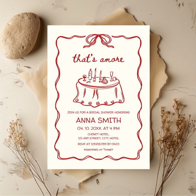 That's amore Hand-illustrated Red Bridal Shower Invitation (That's amore Red Hand-drawn Quirky Funky Retro Bridal Shower Invitation with bow and hendlettering)