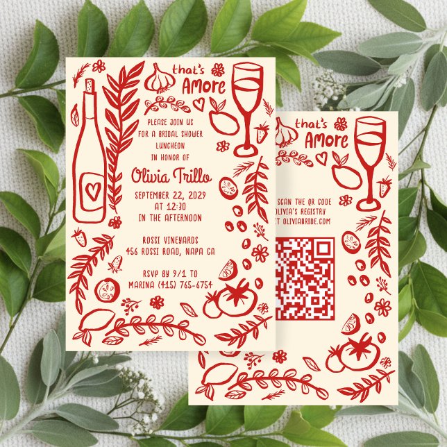 That's Amore Italian Food CUSTOM Bridal Shower QR  Invitation (That's Amore Hand-drawn Doodle Italian Food CUSTOM QR code Bridal Shower Party Invitation
)