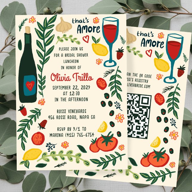 That's Amore Italian Food CUSTOM Bridal Shower QR  Invitation (That's Amore Italian Food Hand-drawn Doodle CUSTOM QR code Bridal Shower Party Invitation
)