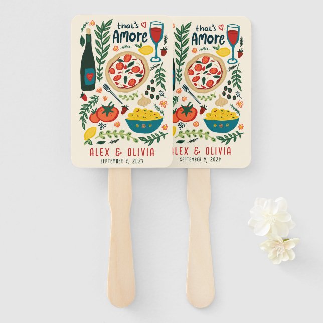 That's Amore Italian Food CUSTOM Wedding Favor Hand Fan (Front and Back)