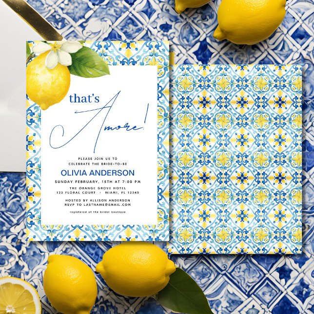 That's Amore Italian Lemon Blue Tile Bridal Shower Invitation (Creator Uploaded)