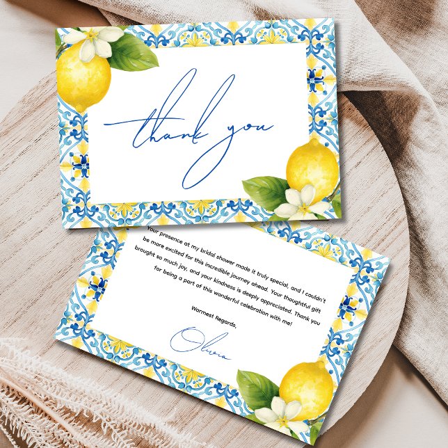 That's Amore Italian Lemon Blue Tile Bridal Shower Thank You Card (Creator Uploaded)