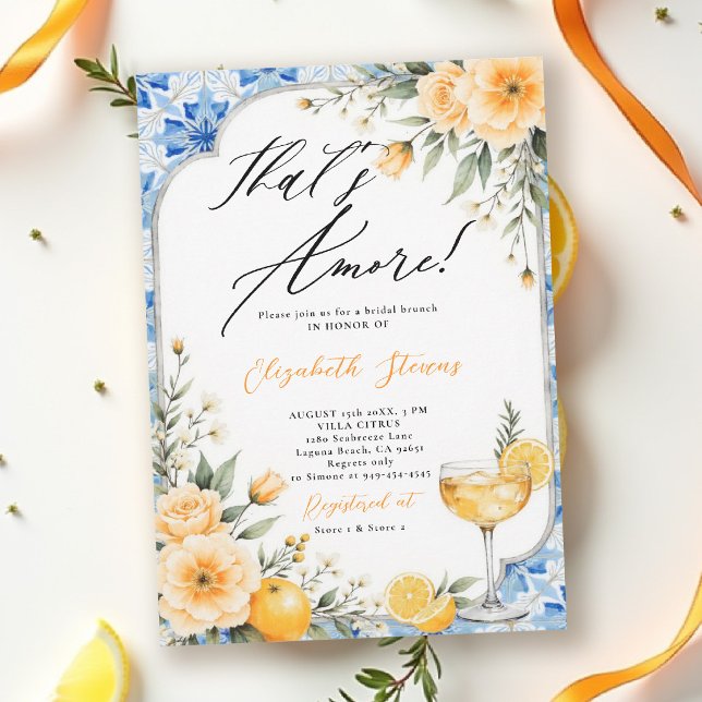 Thats Amore Italian Themed Floral Bridal Shower  Invitation (thats amore italian themed bridal shower invitation lemon and blue watercolor floral cocktail brunch)