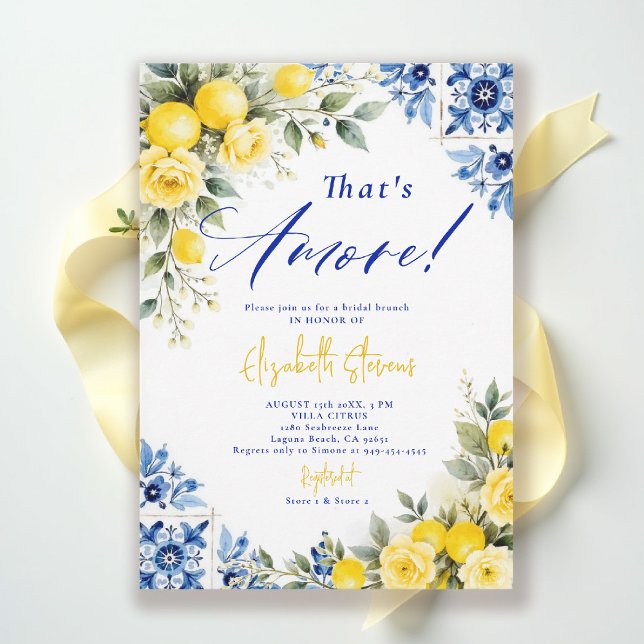 That's Amore Lemon Blue Frame Roses Bridal Shower  Invitation (thats amore bridal shower theme lemon blue tile italian summer invitation yellow roses floral)