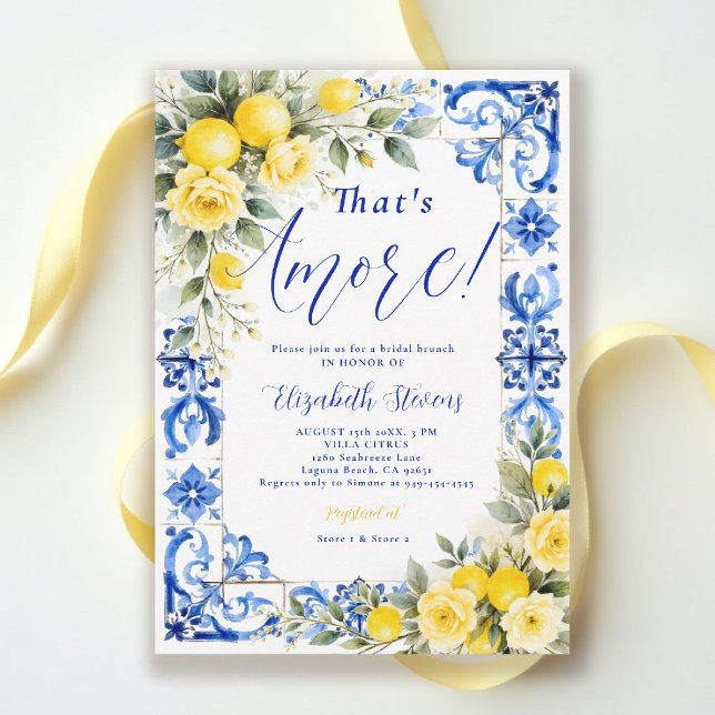 That's Amore Lemon Blue Tile Floral Bridal Shower  Invitation (thats amore bridal shower theme lemon blue tile frame italian summer invitation yellow roses floral)