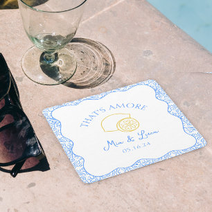 That's Amore Lemon Blue Tiles Personalised Wedding Square Paper Coaster