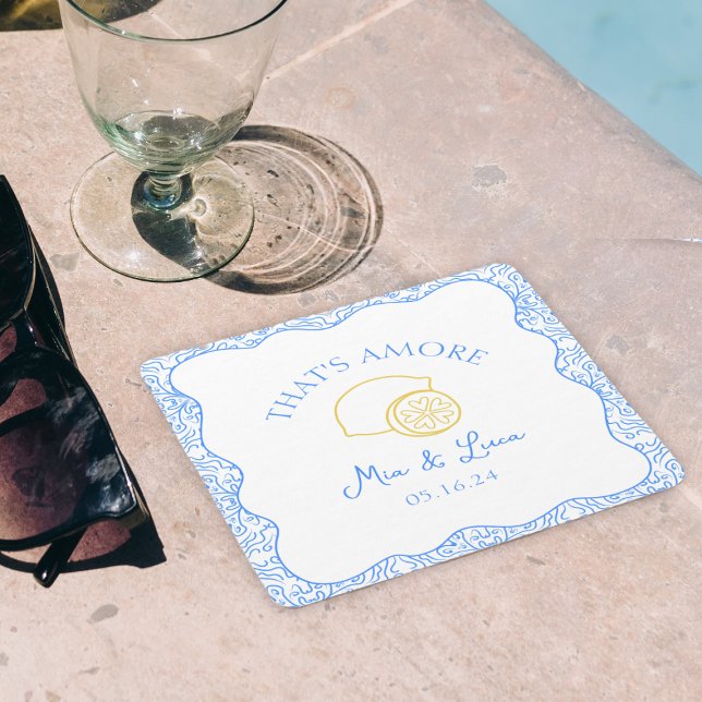 That's Amore Lemon Blue Tiles Personalised Wedding Square Paper Coaster ("Add playful charm to your wedding with 'That's Amore' lemon coasters, fully customizable with names)