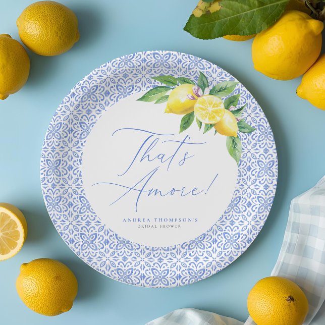 That's Amore Lemon Italian Blue Tile Bridal Shower Paper Plate (Creator Uploaded)