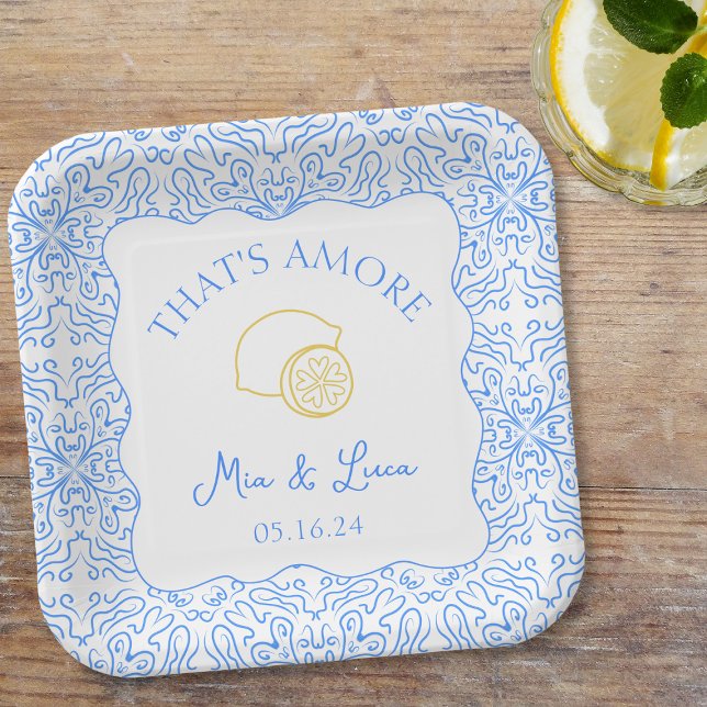 That's Amore Lemon Tiles Fun Mediterranean Wedding Paper Plate (Add a playful touch to your wedding with these personalized 'That's Amore' lemon paper plates.)