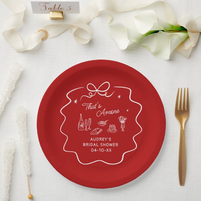 That's Amore, White Doodle Personalized Red Paper Plate (Wedding)