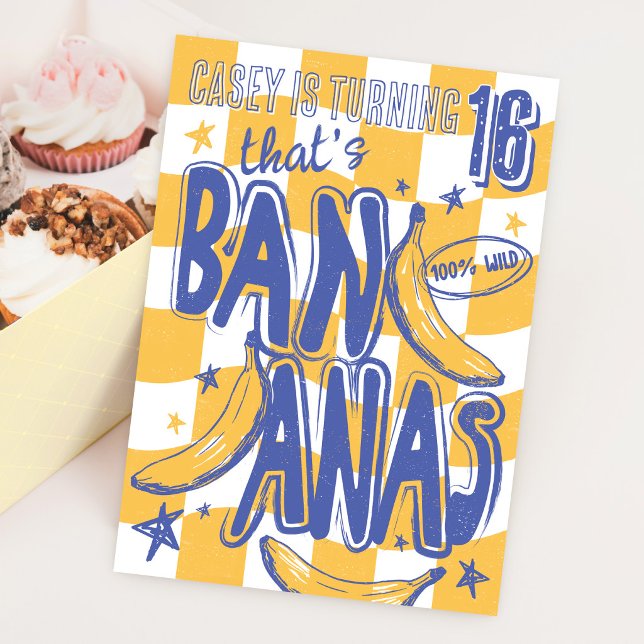 THATS BANANAS Funny Modern Yellow Checked Birthday Invitation (Creator Uploaded)