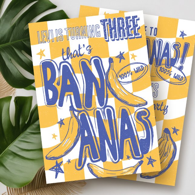 That's BANANAS Funny Monkey Wild Boy 3rd Birthday Invitation (Funny That's Bananas BANANA theme yellow blue checked modern jungle wild Boy 3rd Birthday Invitation)