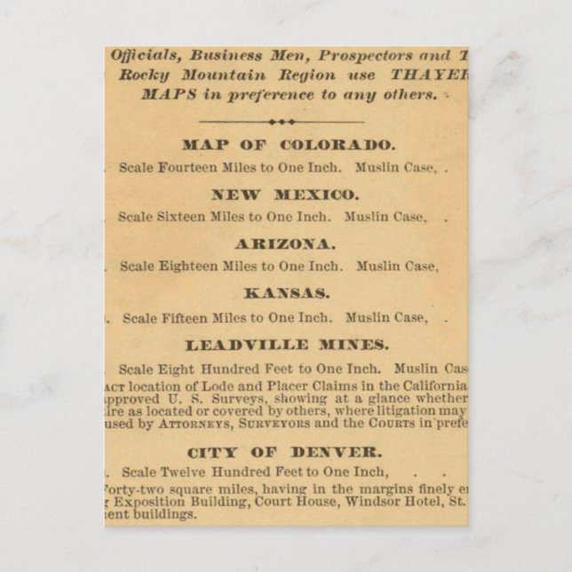 Thayer's map of Colorado Postcard (Front)