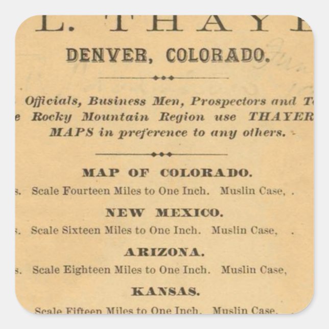 Thayer's map of Colorado Square Sticker (Front)