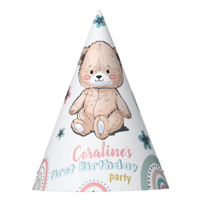 The 1st Birthday Party Hat with a cute teddy bear. (Front)