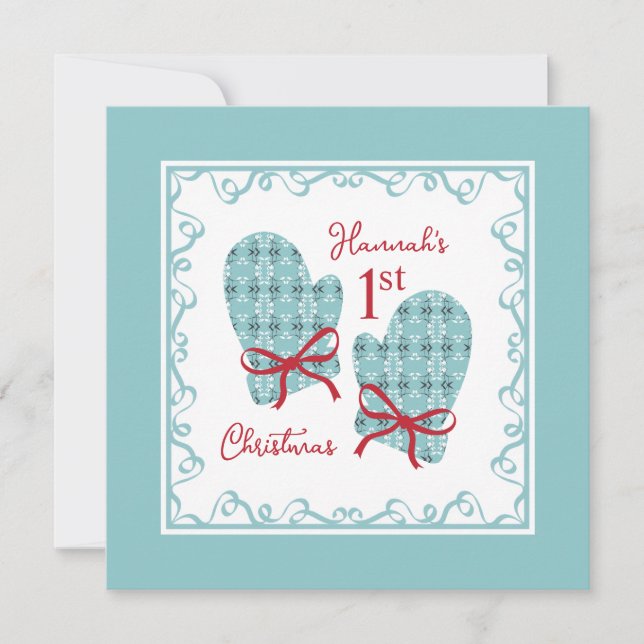The 1st Christmas Mittens Red Bow Holiday Card (Front)