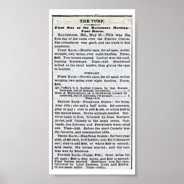 The 1st Preakness -  New York Times May 28, 1873 Poster (Front)
