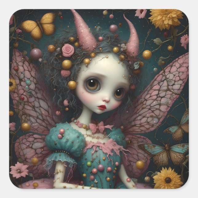The Adorable Pink Devilish Fairy Square Sticker (Front)