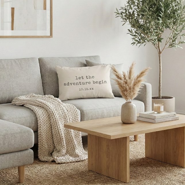 The Adventure Begin Minimalist Quote Wedding Date Decorative Cushion (Creator Uploaded)