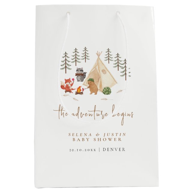 The Adventure Begins Animals Camping Baby Shower Medium Gift Bag (Front)