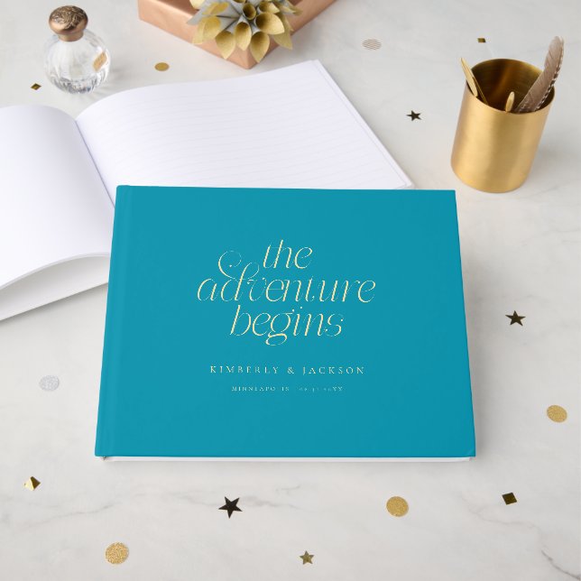 The Adventure Begins Aqua Blue Wedding Guest Book (Front Open)