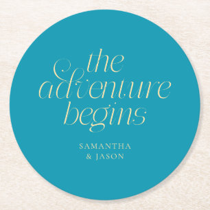 The Adventure Begins Aqua Blue Wedding Round Paper Coaster