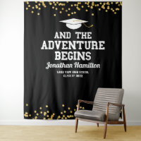 The Adventure Begins Black Grad Party Backdrop