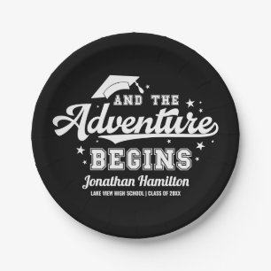 The Adventure Begins Black Graduation Party Paper Plate